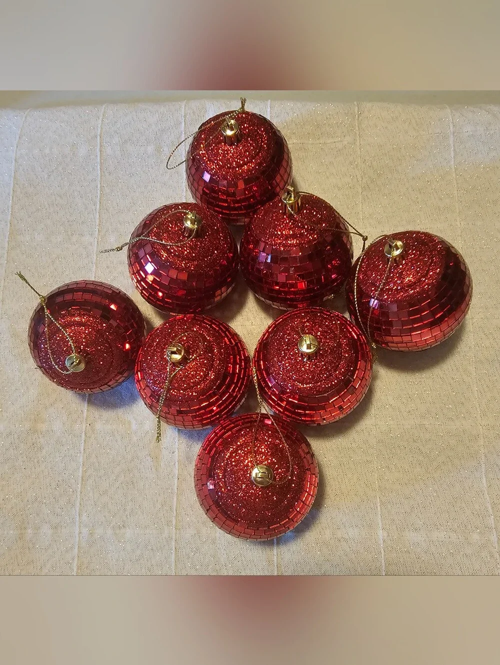 Set of 8 Red Mirrored Disco Ball Christmas Ornaments Holiday Tree Decor
